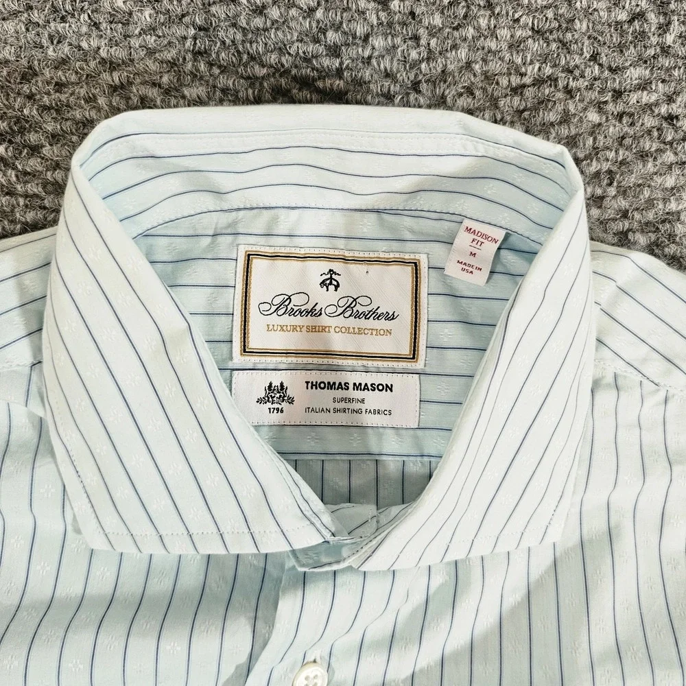 Brooks Brothers Luxury Thomas Mason Blue and White Pinstripe Button-Down Shirt - Picture 3 of 8